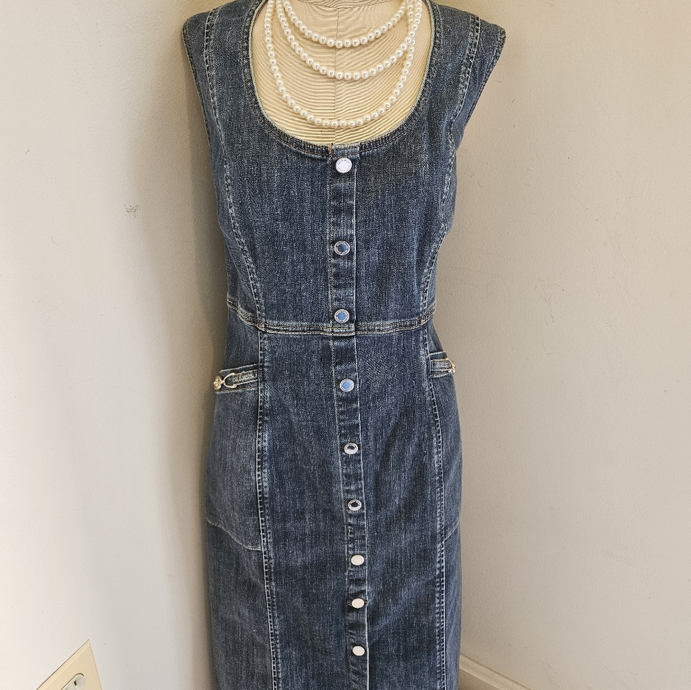 White House Black Market Dark Blue Denim Button-Front Sheath Dress